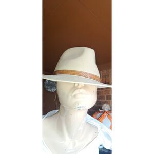 Kooringal Australia Wool Felt Fedora Hat Beige Tan Wide Brim Leather Band Size 7